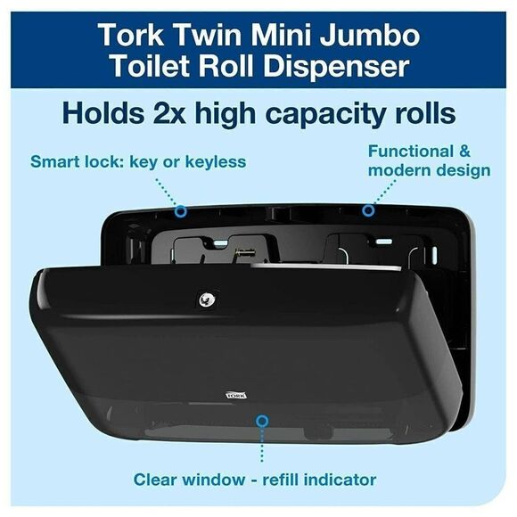 Tork Twin Mini Jumbo Bath Tissue Roll Toilet Paper Dispenser Black 5555290 - Picture 4 of 11